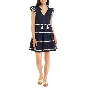 Sail to Sable Navy Blue Ric-Rac Tiered Linen Blend Mini Dress Large